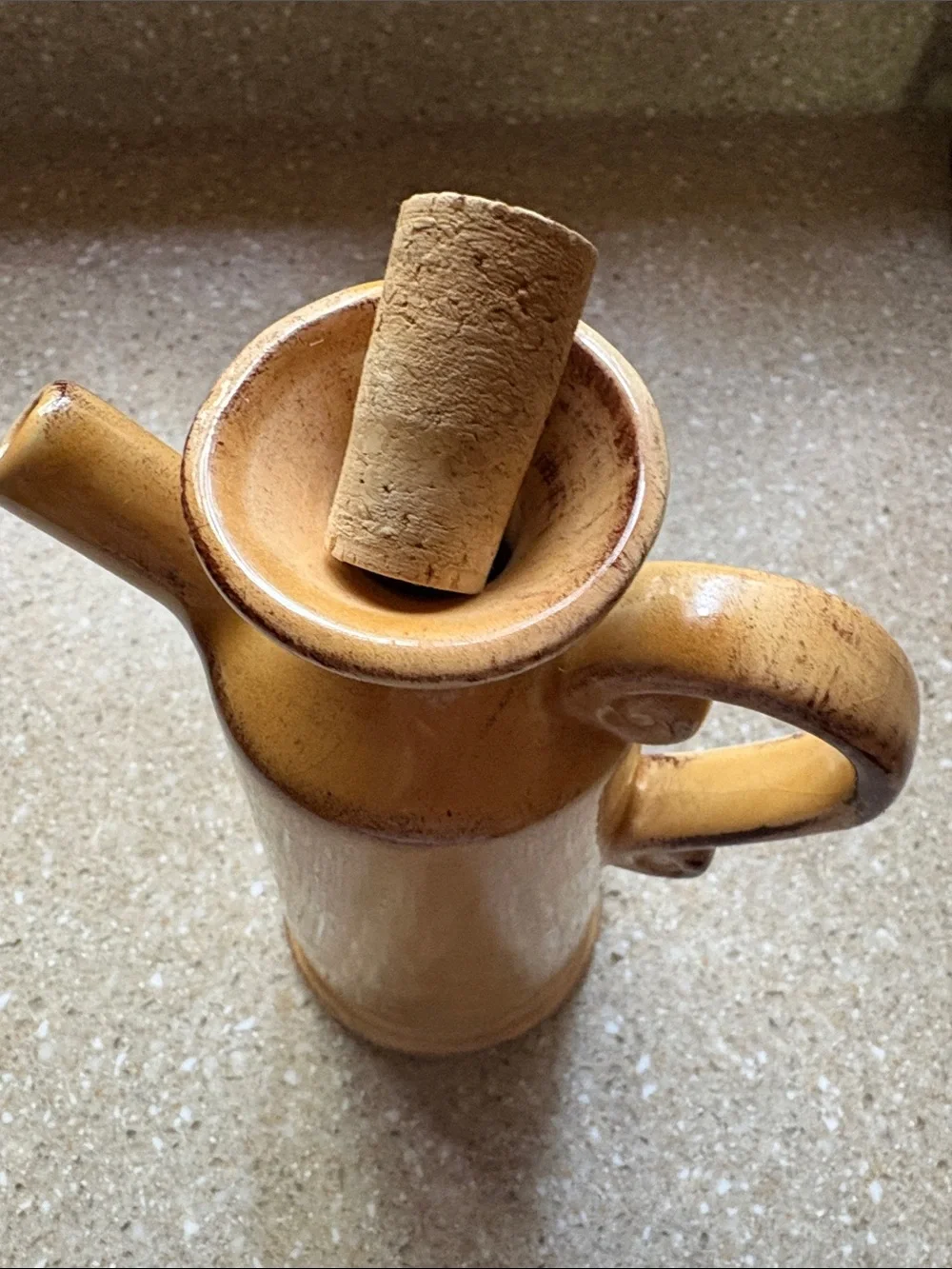 Pier 1 Imports Yellow Distressed Hand Painted Earthenware Olive Oil Cruet w/Cork